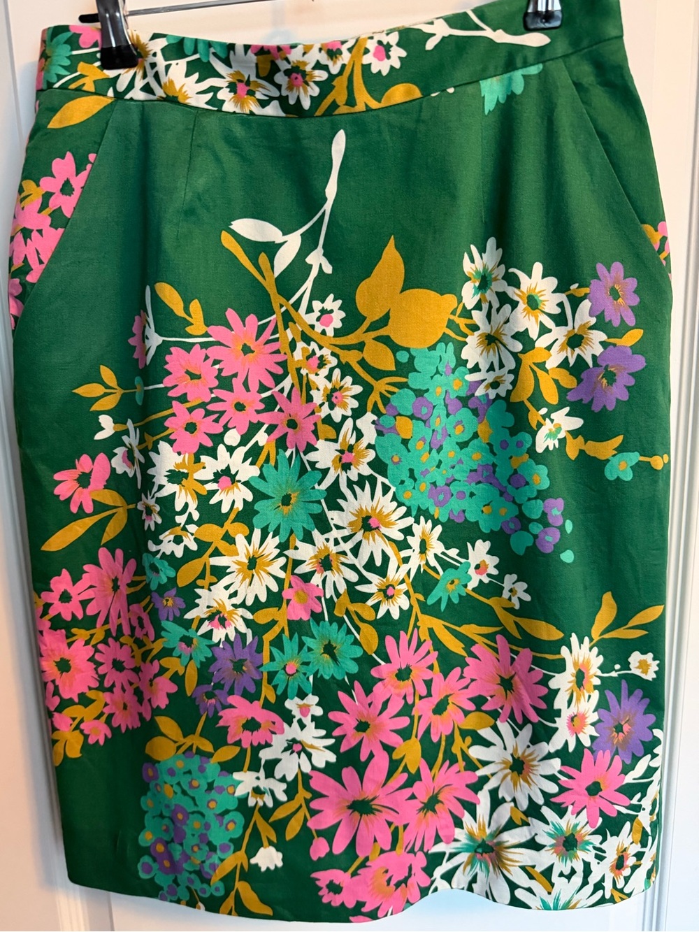 Odille Anthropologie Green Floral Pencil Skirt Lace Trim Lining Side Zip Size 4